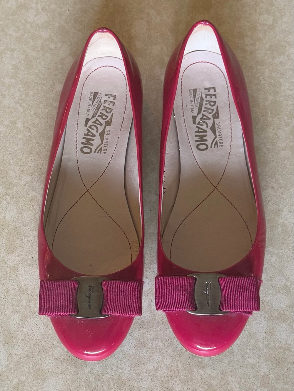 Salvatore Ferragamo Pink Patent Leather Vara Bow Flats